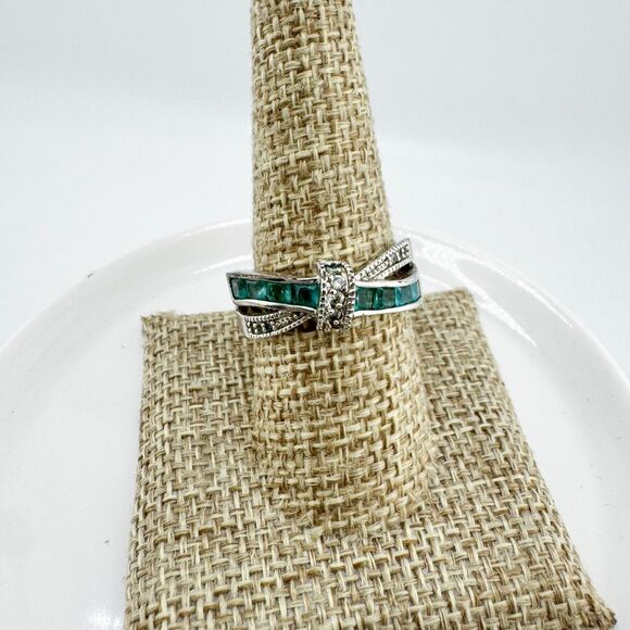 Vintage Silver Tone Bow Ring Green Glass & Marcasite Art Deco Style Glam Retro - Picture 7 of 10